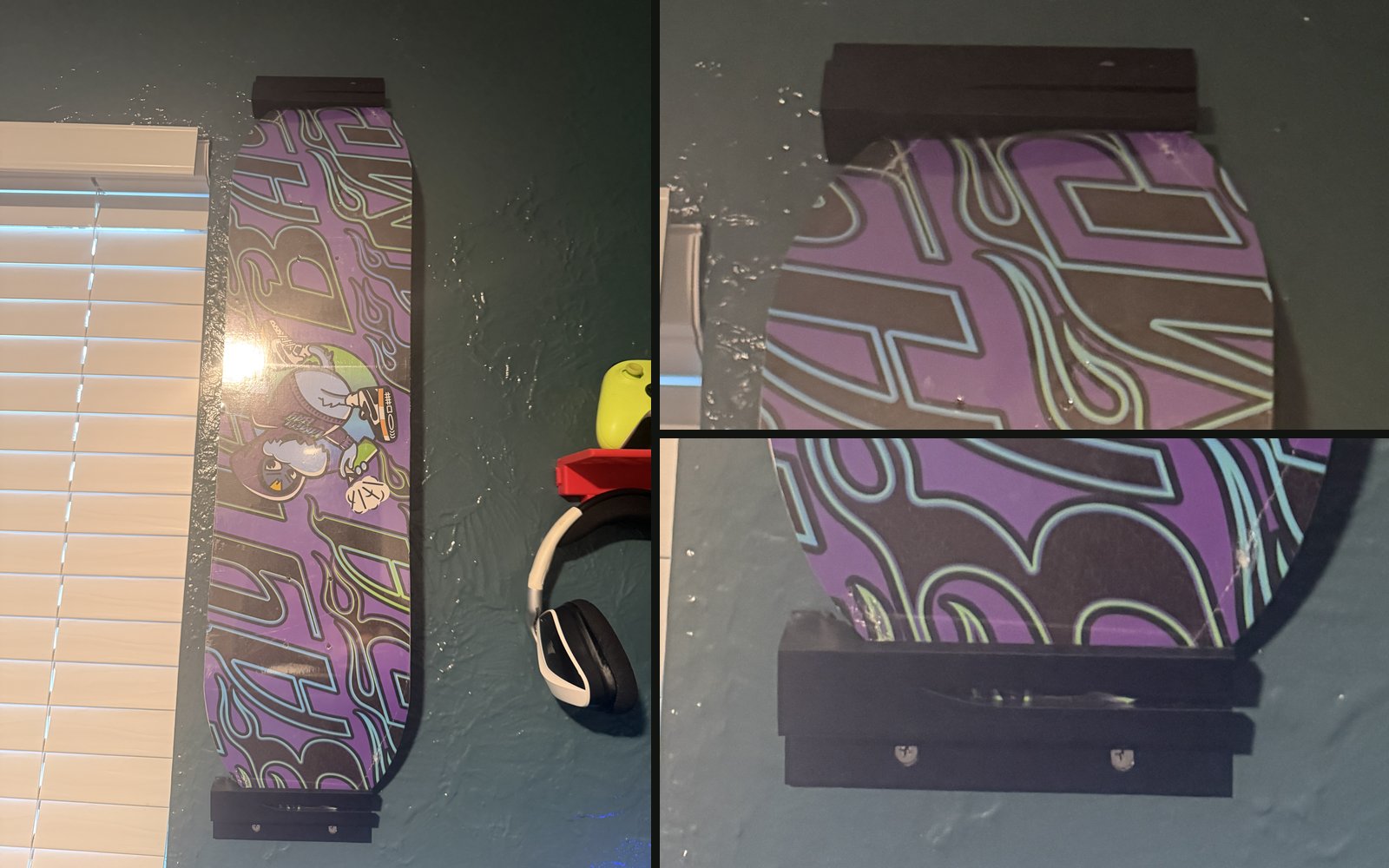 Skateboard displayed on a wall, held at the nose and tail by two brackets